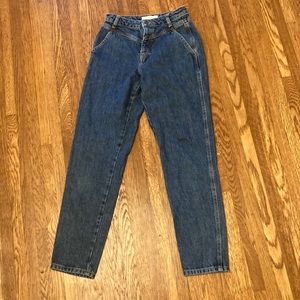 high rise dark blue jeans